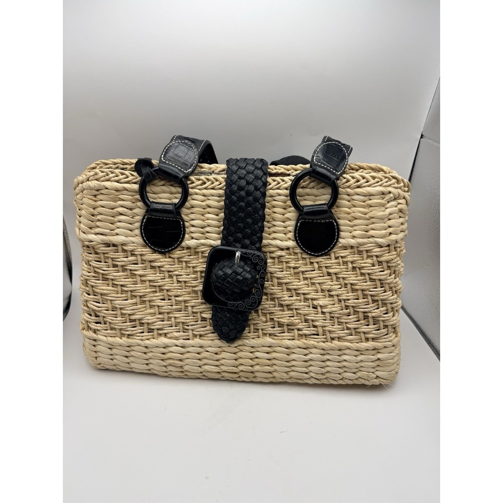 Brighton Straw Basket Handbag Black Leather Heart Charm Woven Shoulder Bag